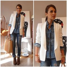 Paula Echevarria l denim look with white blazer l fashion l stylish outfits l White Blazer Outfits, Denim Shirt Outfit, Stile Casual Chic, Mode Casual, Casual Chic Outfit, Blazer Outfits, White Blazer