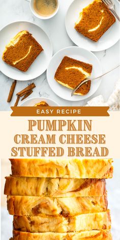 pumpkin cream cheese stuffed bread is stacked on top of each other