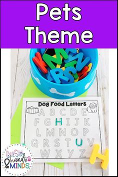 a bowl filled with letters and the words pet's theme is shown in this printable