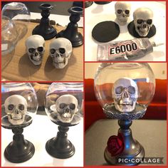 there are four different pictures of skulls in glass vases on the table, and one has a red rose