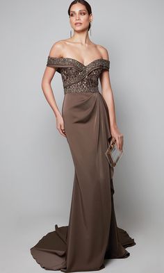 Alyce Paris 27619 In Brown Ruffle Long Dress, Taupe Dress, Alyce Paris, Overlay Dress, Satin Gown, A Line Gown, Dress Purchase, Gorgeous Gowns, Long Gown