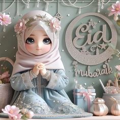 the doll is wearing a hijab and sitting on a shelf next to flowers