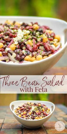 three bean salad with feta in a white bowl on a table next to a small bowl of beans