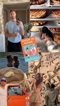 the collage shows people standing around and eating pizza in different stages of life, including an orange vw