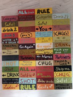 a collage of words written in different colors and sizes on wood paneled wall