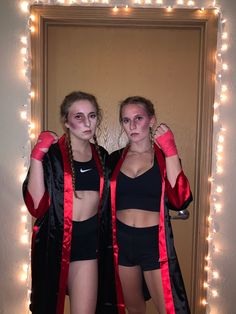 Two girls in boxer Halloween costume Women Boxer Costume, Boxing Makeup Halloween, Boxer Halloween Makeup, Sports Costume For Women, Ufc Halloween Costumes, Boxing Halloween Costume Women, Halloween Sports Costumes, Mma Fighter Halloween Costume, Diy Boxer Costume Women