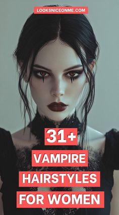 Transform into the ultimate seductress with seductive vampire hairstyles. Whether it's incorporating blood-red highlights into black waves or crafting an intricate updo with hidden crimson strands, these styles are designed to captivate and enchant. Learn styling tips that will make your vampire look unforgettable at any party or event. Vampire Hairstyles For Women, Vampire Hairstyles, Vampire Costume Women, Vampire Makeup Halloween, Modern Vampires, Vampire Halloween Costume, Vampire Look, Vampire Bride