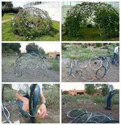 several pictures of different types of bicycles in various stages of being used to build them