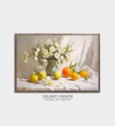 a painting of white flowers and oranges in a vase