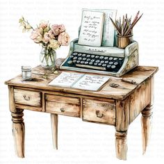 an old fashioned desk with a typewriter and flowers in a vase on top of it