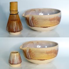 two bowls and a vase are shown in three different angles, one is brown and the other is white