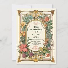 an ornate wedding card with flowers and leaves on the front, in gold trimming