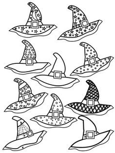 a set of six witches hats with stars and dots on them, all in black and white