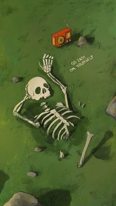 a painting of a skeleton laying on the ground next to a red box and some rocks