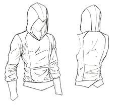 a drawing of a person wearing a hoodie and looking down at the back of their jacket