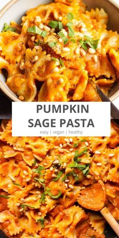 pumpkin sage pasta in a skillet with wooden spoons and text overlay that reads pumpkin sage pasta