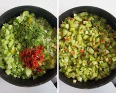 two pictures showing the process of cooking vegetables