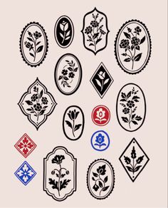 an assortment of flower emblems on a white background