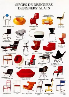 an advertisement for different types of designer's chairs from the 1950's to 1970's