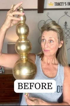 an older woman is holding up a large golden ball with the words before it's too late