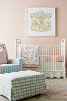 Framed Swaddle in a nursery scene of blue & Pink || Caitlin Wilson Design Light Blue And Pink Nursery, Atelier Choux Nursery, Blue And Pink Nursery Girl, Pink Toile Nursery, Love Shack Fancy Nursery, Blue And Pink Nursery, Maximalist Nursery, Pink And Blue Nursery, Carousel Nursery