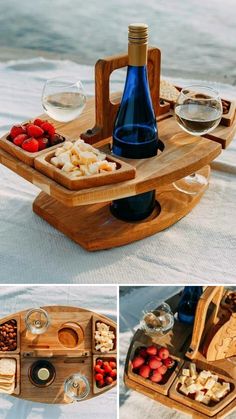 there is a wooden tray with food and wine on it, along with other items