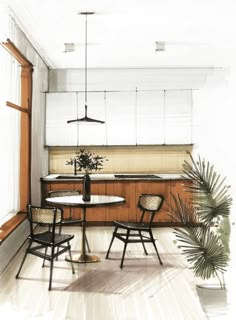 a drawing of a kitchen table and chairs in front of an open window with potted plants