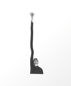 a black and white photo of a man reaching up into the air with his hands