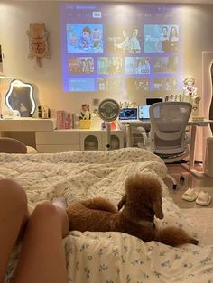 a woman laying on top of a bed next to a brown poodle in her lap