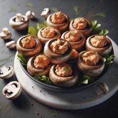 a plate full of stuffed mushrooms on a table