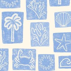 a blue and white drawing of different types of sea animals on squares with palm trees