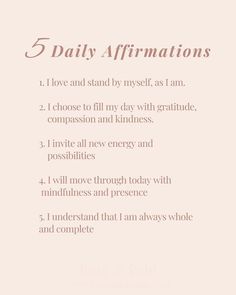 the five daily affirmations are displayed in pink and white, with text above it