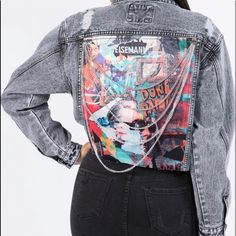 Women's Plus Cropped Denim Jacket With Chains Button Front Closure Chain Details On The Back Graphic Prints Size 1x : Chest - 25 Inch, Back Length - 19 Inch Imported, Designed In Usa Fabric 100% Cotton Jean Jacket Diy, Customised Denim Jacket, Studded Denim Jacket, Custom Leather Jackets, Battle Jacket, Denim Jacket Patches