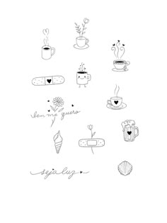 a drawing of coffee related items on a white background with the words, i love you written in cursive writing