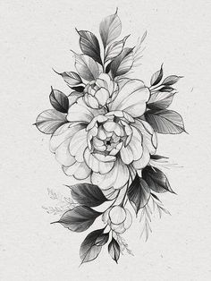 a black and white drawing of flowers with leaves on the bottom half of their petals