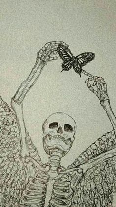 a drawing of a skeleton holding a butterfly