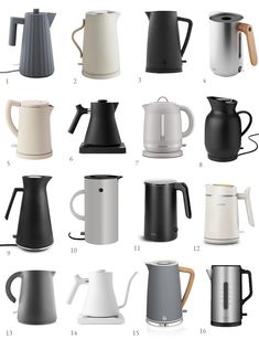 different types of coffee pots and kettles are shown in this image with the same color