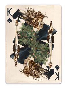 a deck of playing cards with an image of a woman holding two swords and a pine tree