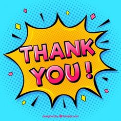 the words thank you are written on a blue background with yellow and pink dots in the center