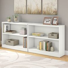 a white book shelf with books and pictures on it