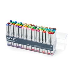 a display case with twelve different colored inks in each tube and the top one is empty