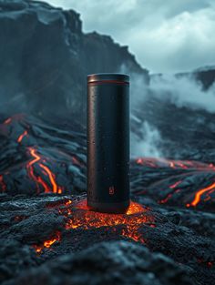 an electronic device sitting on top of a lava covered mountain