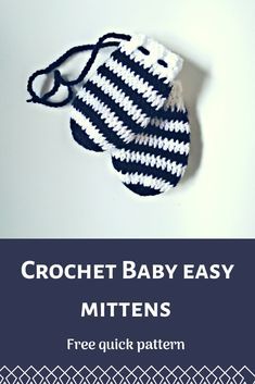 the crochet baby easy mittens pattern is shown in blue and white stripes