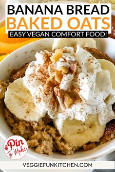 banana bread baked oats in a bowl with whipped cream on top