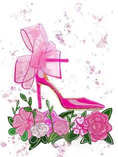 a pink high heeled shoe with flowers on the bottom and side, in front of a grungy background