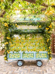 a cart with lemons hanging from it's sides in front of a tree