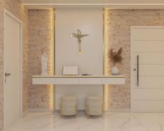 a white table with two stools in front of it and a clock on the wall