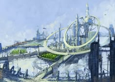 an artist's rendering of a futuristic city by the water with lots of tall buildings