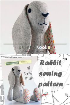 a stuffed animal sitting next to a sewing pattern for a rag doll with the words rabbit sewing pattern on it