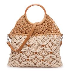 This Purse From Crown Vintage Features A Convertible Design So You Can Enjoy Two Silhouettes In One. A Woven Handbag That Features A Crochet Design And A Two-Tone Hue. Complete With A Removable Crossbody Strap And A Circular Handle That Folds Over The Side And Creates A Geometric Decoration On The Exterior. This Purse Takes You From Your 9-5 To Your 5-9 With One Simple Change. Simply Remove The Strap On This Practical Crossbody And Turn It Into A Stylish Ring Bag That's Perfect For The Happiest Beige Crochet Satchel Bag With Woven Details, Summer Light Brown Crochet Tote Bag, Everyday Crochet Bag With Open Weave, Cream Crochet Crossbody Bag With Braided Handles, Summer Macrame Crossbody Bag, Light Brown Crochet Bag For Daily Use, Summer Travel Macrame Bags, Summer Crossbody Macrame Bag, Summer Travel Bags With Macrame